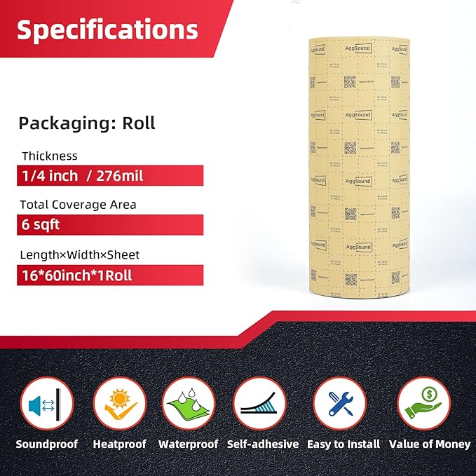 Sound Deadening Mat 1/4inch(7 mm) 6.54sqft - Closed Cell Foam Car Sound Deadening Material - Self-Adhesive Hood Insulation Heat Shield Auto Sound Dampening