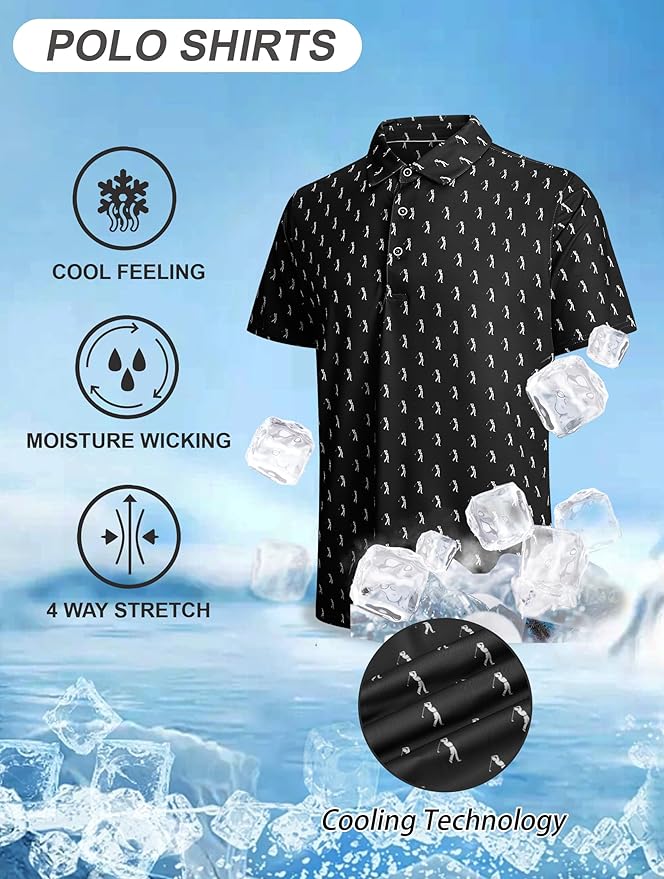 Esabel.C Golf Shirts for Men Dry Fit Performance Short Sleeve Print Moisture Wicking Collared Shirt