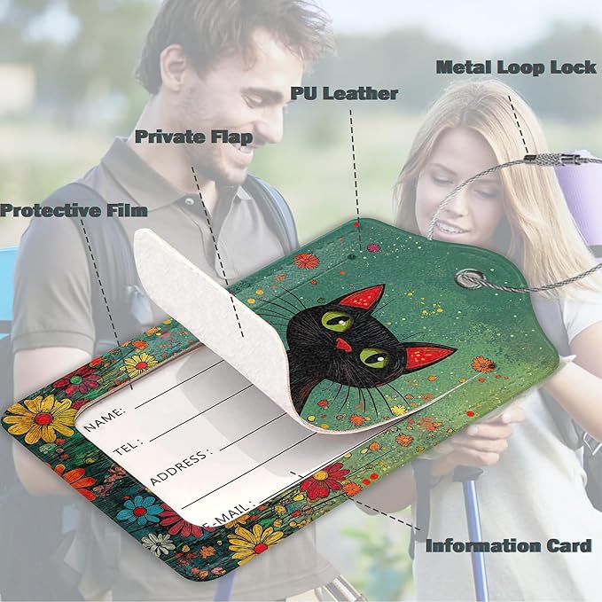3 Pack Luggage Tag for Suitcase Leather Travel Cruise Luggage Tag with Stainless Steel Loop Name ID Label Privacy Cover for Adults Teens Travel Bag Labels Set (Black Cat Flower)