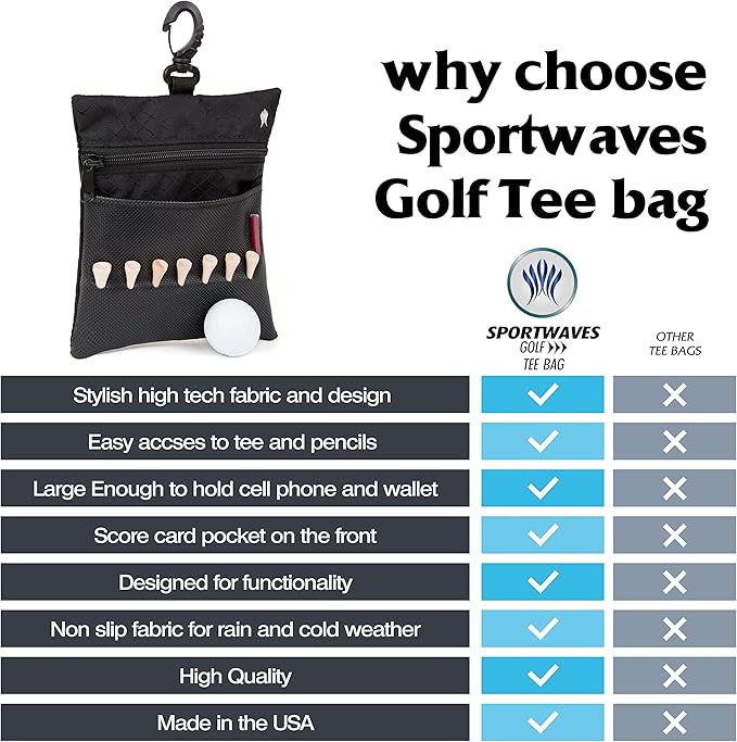 Golf Tee Bag - Store Your tees, Golf Balls, scorecard, and Pencil. Great Gift for Golfers!