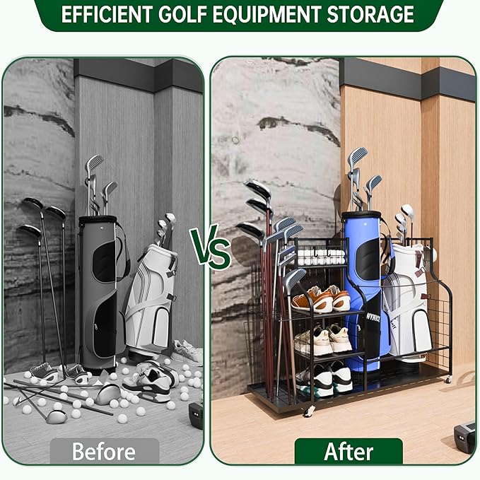 Golf Bag Storage Organizer with Wheels, Garage Golf Equipment Rack for 2 Golf Bags, Clubs, Shoes & Accessories – Heavy Duty Metal Golf Bag Storage Stand for Garage, Basement, Home or Shed