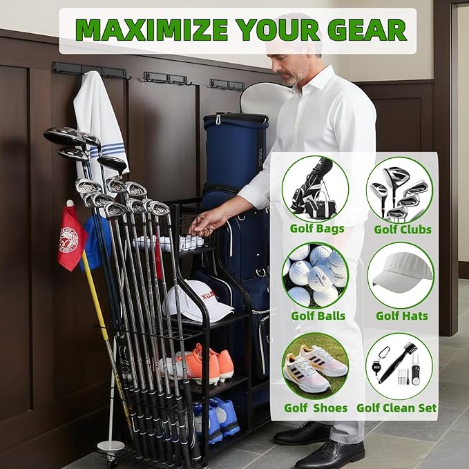 4-in-1 Golf Bag Storage Organizer,Extra Large Capacity Golf Storage Rack Holder for Garage & Basement, Heavy Duty Golf Club Storage Stand Holds Golf Bags, Clubs, Balls & Golf Equipment Accessories