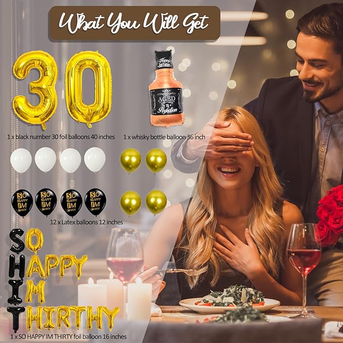 30th Birthday Decorations for Him, Thirty Birthday Decorations in Black and God So Happy IM Thirty Balloons Set for Party