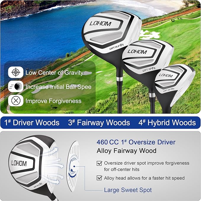 Men's Complete Golf Club Set, 9/11-Piece Right Handed Clubs with 460cc Driver, Fairway Wood, Hybrid & Steel Irons 5-9, P, S, Steel/Graphite Shafts, Black/Charcoal