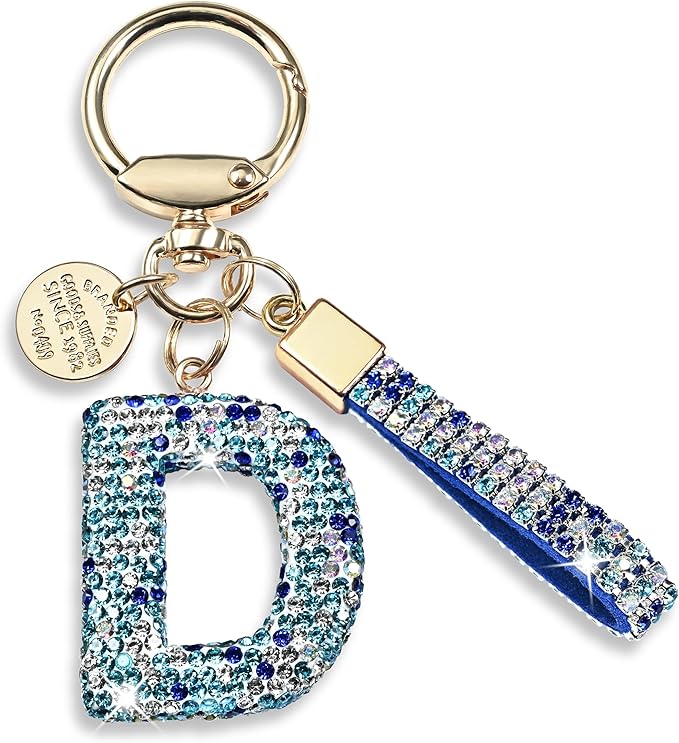Pink Blue White Initial Letter Keychain Gift for Women Girls Bling Sparkly Cute Backpack Car Key Accessories Lanyard