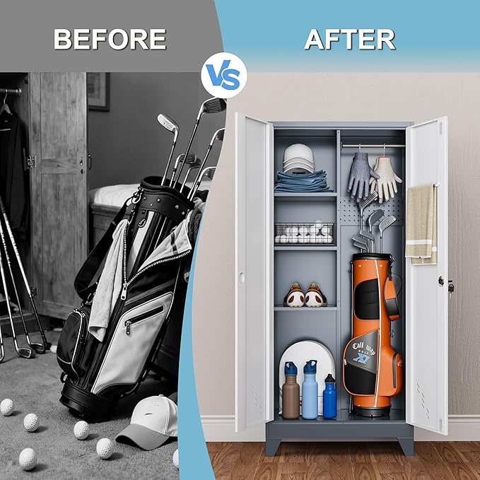 Metal Golf Bag Storage Cabinet, Golf Storage Organizer for Garage, Golf Bag Stand Rack with Locking Doors, Golf Club Organizer for Bag, Shoes, Golfing Accessories, Sports Equipment
