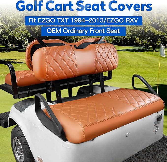 NOKINS 4PCS Golf Cart Diamond Seat Covers Kit, Front&Rear Seat Covers Fits EZGO TXT 1994-2013/EZGO RXV Standard Seat Cushion, EZGO Vinyl Seat Cover Accessories, No Staples(All Brown)