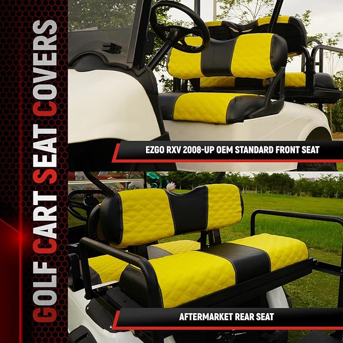 Golf Cart Front and Rear Seat Covers Waterproof and Sun Resistant Marine Grade Vinyl Leather Seat Cover Accessories for EZGO RXV 2008+, Yellow(4PCS)