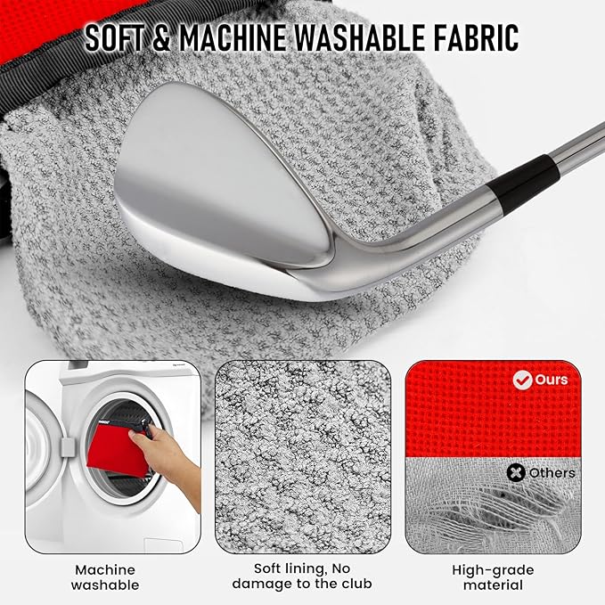 Golf Club and Golf Ball Cleaning Bag - Cleans Club Grooves, Waterproof Clean Face Tech, Detachable Clip, Machine Washable, Stay-Dry Exterior,Gift for Men (1, RED)
