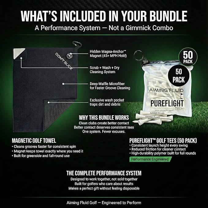 Don't Suck Collection - with Durable 4-Prong Golf Tee PureFlight Tech for Straighter and Longer Drives and Limited Edition Microfiber Magnetic Golfing Towel (16"x24")