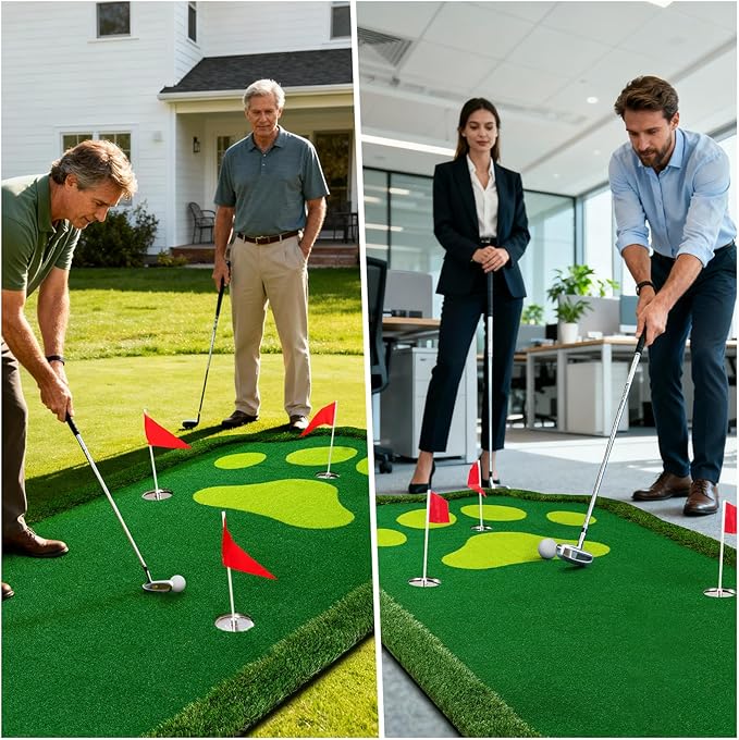 Golf Putting Green Indoor Outdoor Putting matt Professional Training Mat Practice Putting Mat with 3 Flags 1 Movable Cup 2 Slope Pad 5x10ft