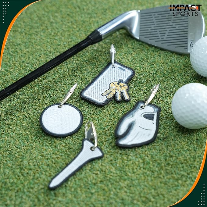 Impact sports Golf Zipper Bag Tags – Set of 4 Fabric Golf-Themed Zipper Pulls – Includes Golf Ball, Glove, Tee, and Phone Tag – Stylish and Functional Golf Bag Accessories