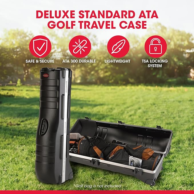 SKB Staff ATA Hard Shell Plastic Golf Travel Case for Cart Bags with Wheels - Heavy-Duty Rolling Club and Driver Carrier for Airline Transport, Impact-Resistant with TSA Locking Latches
