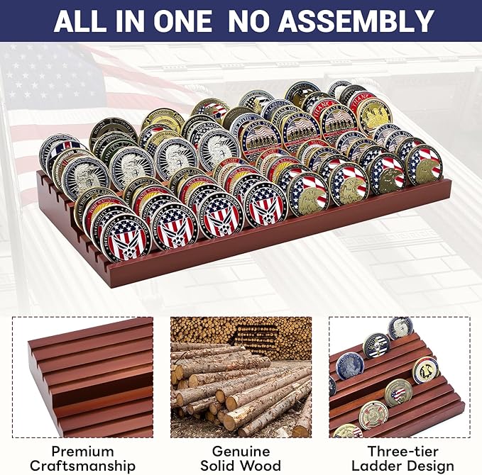 PiaoHao Solid Wood Challenge Coin Display Stand,Two-Tier Military Coins Display Holders Shelves,8 Row Wooden Army Collectible Coins Holder Case Holds 50-64 Coins