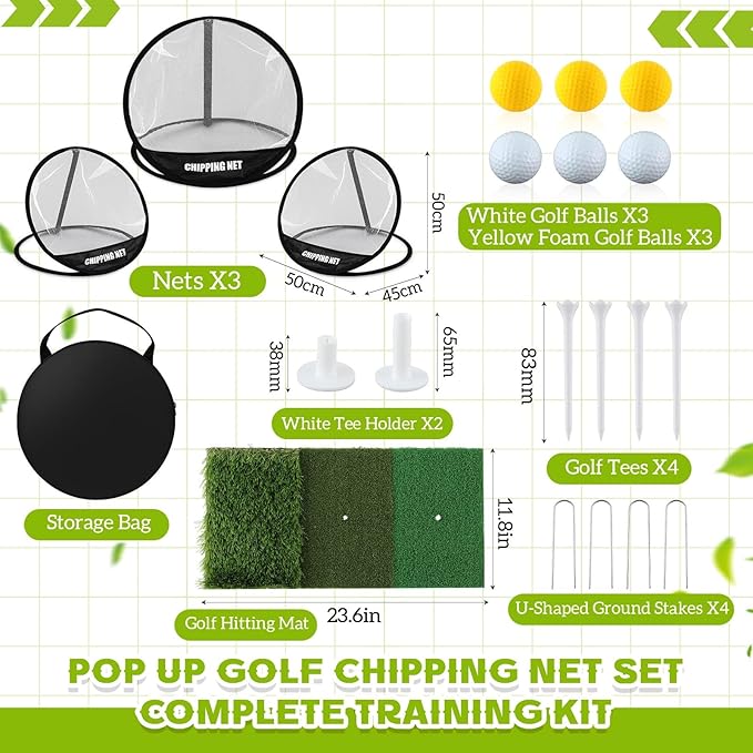 Soulchen Golf Chipping Net 3 Pop Up Chipping Target Practice Golf Net with Tri-Turf Hitting Mat, Balls, Tee Holder, Portable Kit Gifts All-in-One Training Kit for Indoor Outdoor Practice