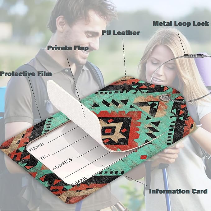 3 Pack Luggage Tag for Suitcase Leather Travel Cruise Luggage Tag with Stainless Steel Loop Name ID Label Privacy Cover for Adults Teens Travel Bag Labels Set (Tribal Ethnic Pattern)