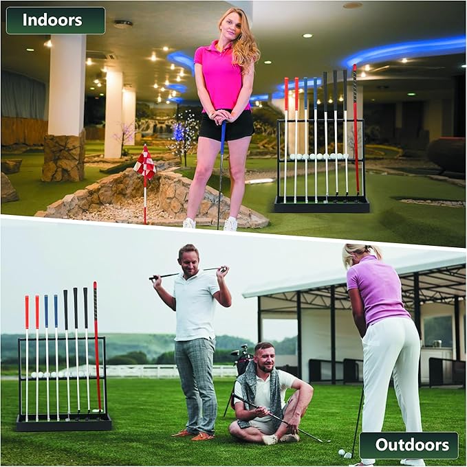 Golf Putter Stand, Golf Club Holder Stand Floor Display Rack - Holds 8 Clubs & 12 Balls with Artificial Grass Base, Wood Outdoor Golf Club Organizer for Indoor, Home, Office, Golf Club, Black