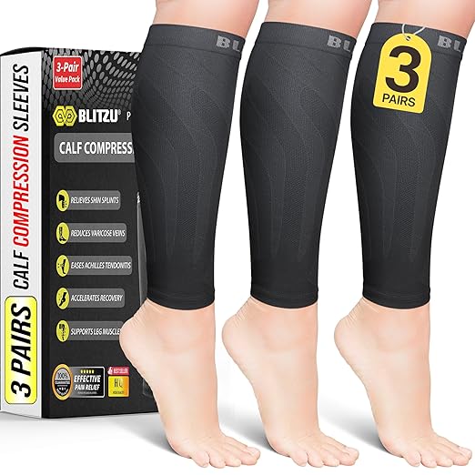 BLITZU 3 Pairs Calf Compression Sleeves for Men and Women. Footless Compression Socks & Leg Support for Running, Travel, Nursing, Fitness. Shin Splints Pain Relief & Reduce Swelling Black XXL