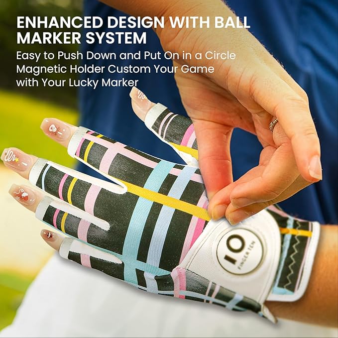 FINGER TEN Stylish Golf Gloves Women with Ball Marker 1 Pack for Left or Right Hand, Breathable Glove with Fashion Patterns for Ladies Right Left Handed Golfer
