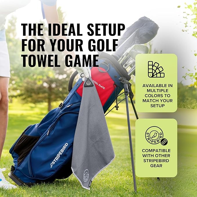 Stripebird - Magnetic Golf Towel (Gray) - Microfiber Golf Towel with Built-in Ultra-Strong Neodymium Magnetic Towel - 18" x 18" Golf Bag Towel