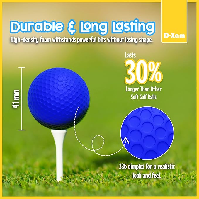 D-Xam Foam Golf Balls Bulk Practice Golf Ball Soft Multicolor, Yellow, White or Orange | Long Lasting & Realistic Feel | Limited Flight Use Indoors Outdoors Backyard Training