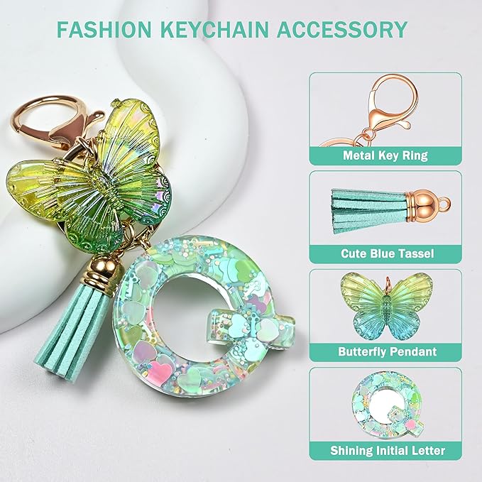 JINGUAZI Initial letter Keychains for Women Tassel Butterfly Pink Purple Cute Car Keychain for Wallet Backpack bag charm
