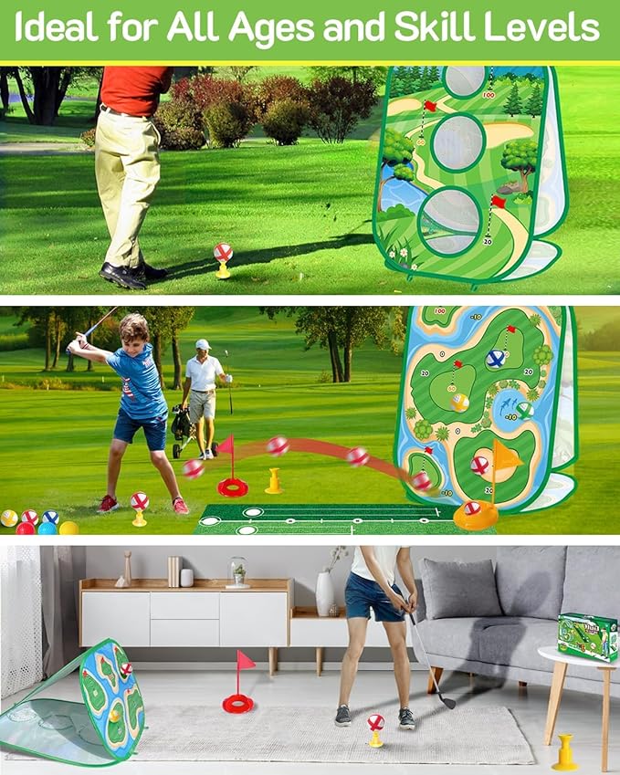 4-in-1 Kids Sticky Golf Games Set with Club, Golf Putting Practice Mat,3-Sided Golf Chipping Net, Multiple Game Modes, Golf Cornhole Board Set