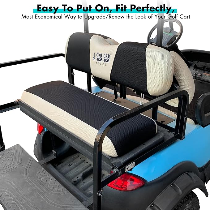 10L0L Golf Cart Front and Rear Seat Cover Set for Club Car DS/Precedent/Onward/Tempo & Yamaha G29 /Drive 2,Stylish 4 Passenger Front Back Seat Covers,Breathable Washable Polyester Mesh (Black/Beige)