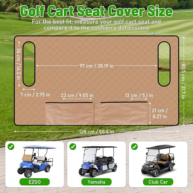 Kaskawise Golf Cart Seat Covers,Universal Golf Cart Seat Towel Blanket with 4 Front Pockets & Nonskid Bottom Fits for EZGO, Yamaha, Club Car DS Precedent and More 2 Person Seats Golf Carts (Brown)