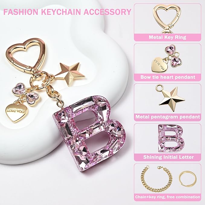 Cute Bling Keychain initial Letter Butterfly Star Pink Purple Gift for Women Girls Bag Cup Charms Accessories
