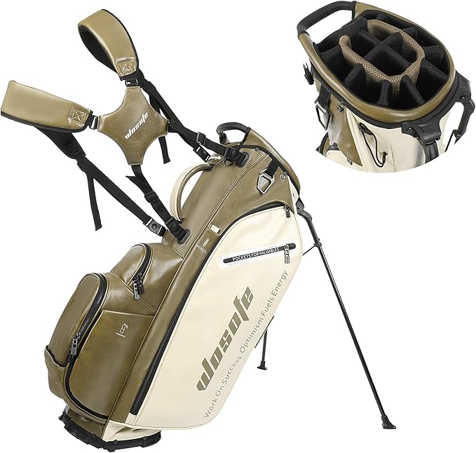 Lightweight 14-Way Golf Stand Bag, PU Leather Golf Bag Waterproof Men Women Full Length Top Dividers, Multiple 8 Pockets Cooler Pouch Adjustable Detachable Shoulder Dual Straps Rain Cover Hood