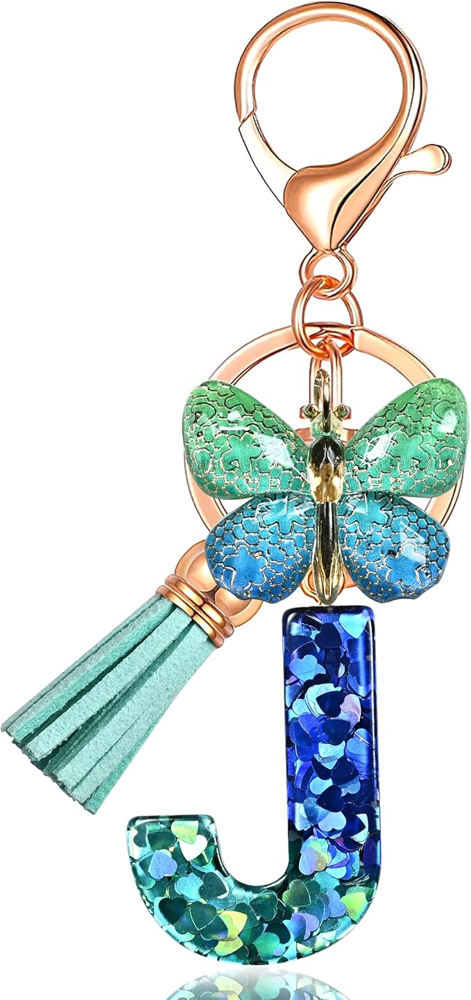 JINGUAZI Initial letter Keychains for Women Tassel Butterfly Pink Purple Cute Car Keychain for Wallet Backpack bag charm