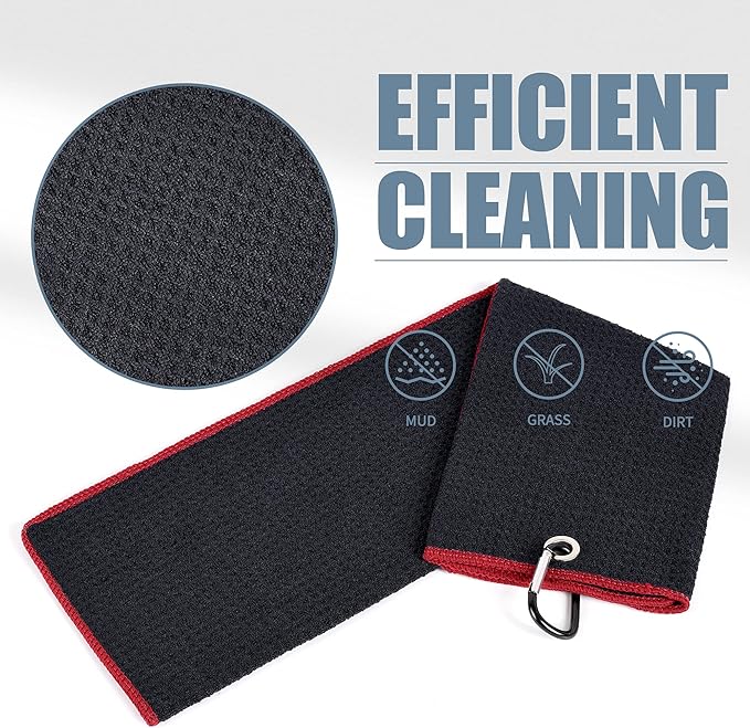 Mile High Life Tri-fold Golf Towel | Premium Microfiber Fabric | Waffle Pattern | with Heavy Duty Carabiner Clip | Golf Towel for Men and Women (Black/Red)