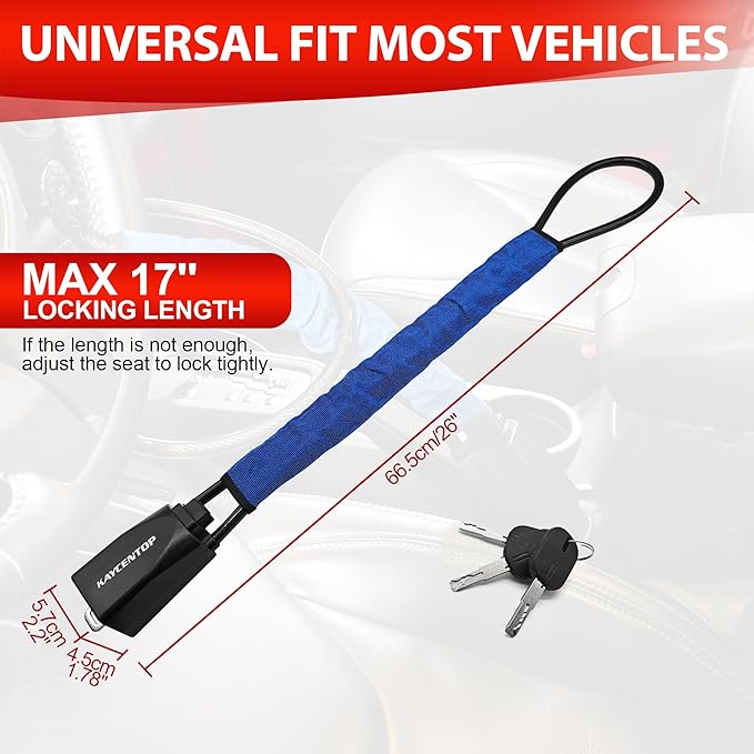 KAYCENTOP Car Steering Wheel Lock to Seat Belt Lock, Anti-Theft Device, Max 17 Inch Length, Small and Light-Weight, Multi-Functional, Fit Most Vehicle, SUV, Golf Cart Security (Blue)