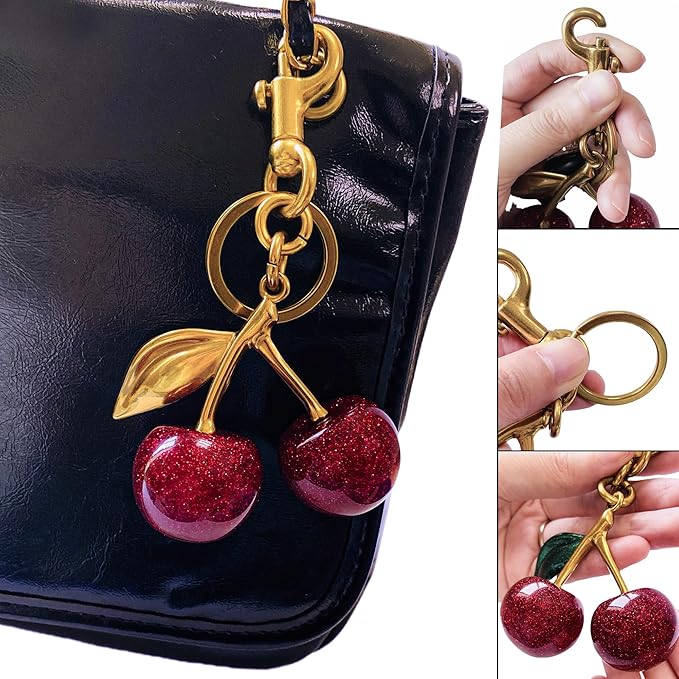 Cherry Bag Charm for Handbag, Big-Apple Strawberry Fruit Bag Charm Cherry Car Accessories KeyChain