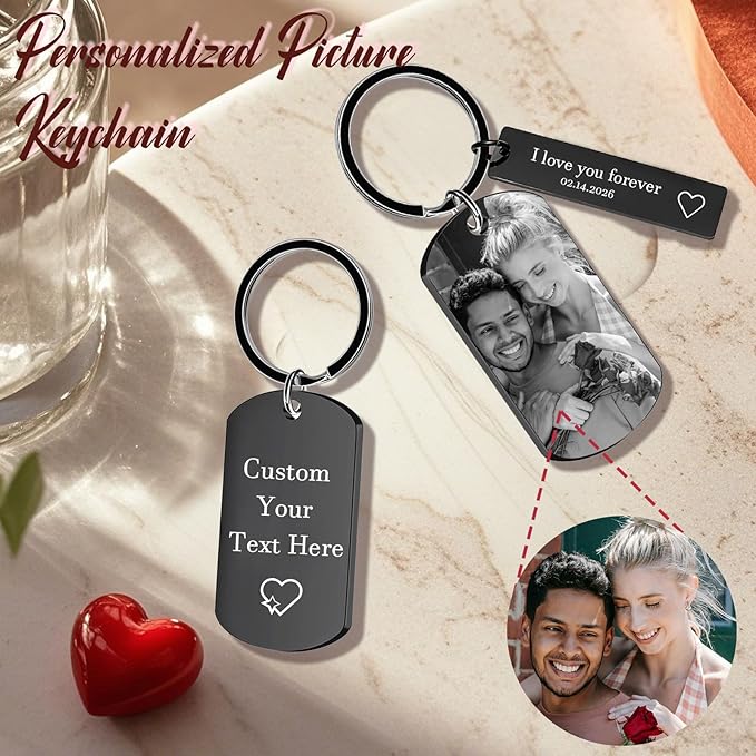 Personalized Custom Keychain with Picture - Double Sided Engraving Photo Text Customized Key Chains for Men Boyfriend