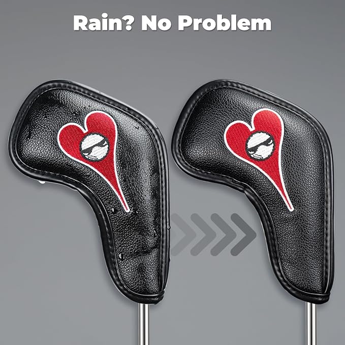 Magnetic Golf Iron Head Covers Set of 10 – Fun Poker Suits Design with Embroidered Clubs, Diamonds, Hearts & Spades | Premium PU Leather, Fits All Irons, Unique Golf Gift for Men & Women