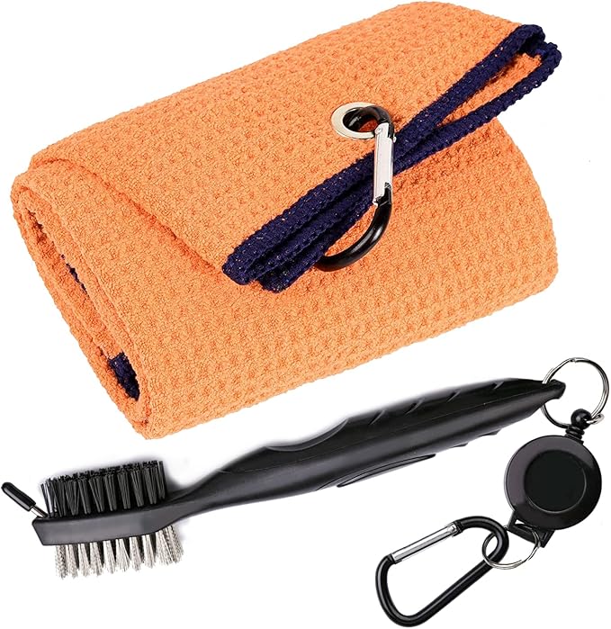 Golf Towels, Microfiber Waffle Pattern Tri-fold Golf Towel - Brush Tool Kit with Club Groove Cleaner, with Clip Men Women Golf Gifts (Orange Towel+Black Brush)