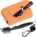 Golf Towels, Microfiber Waffle Pattern Tri-fold Golf Towel - Brush Tool Kit with Club Groove Cleaner, with Clip Men Women Golf Gifts (Orange Towel+Black Brush)