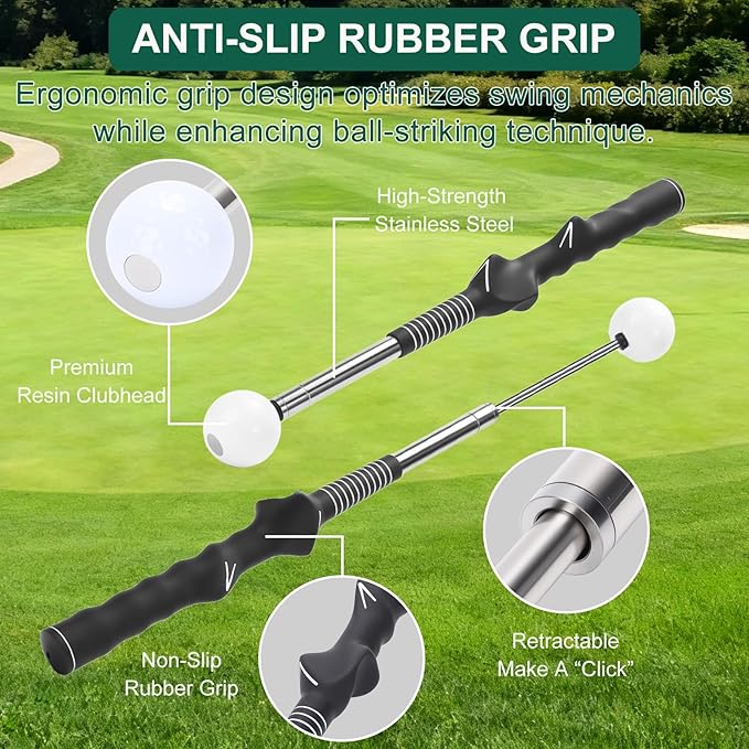Retractable Golf Swing Training Aid, Golf Grip Trainer Right Hand, Rhythm Click Sound Telescopic Warm Up Golf Swing Trainer for Indoor & Outdoor Practice