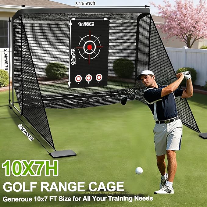Golf Cage Practice Hitting Net, 10x7ft Heavy Duty Golfnets with 2 Net Side Barriers, Portable Hitting Nets with Carry Bag, 4 Stakes, Low-Noise Target for Backyard Driving Chipping Indoor Outdoor Use