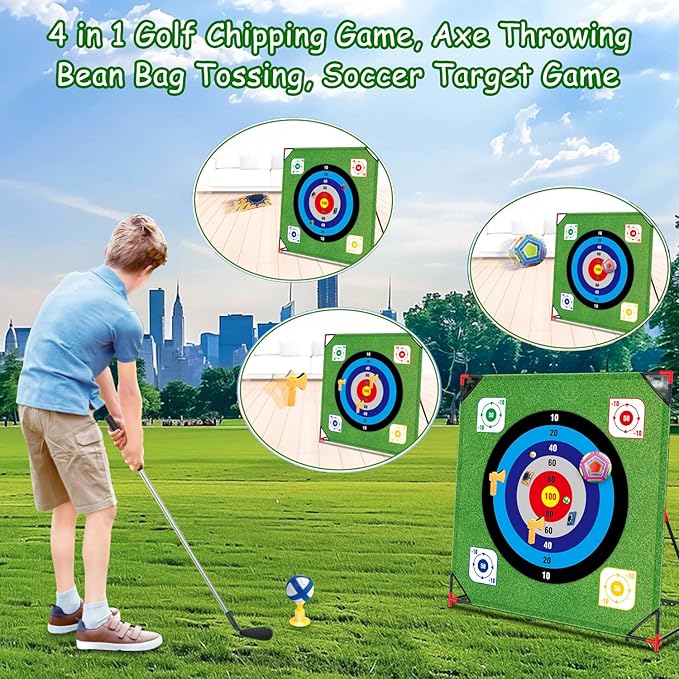 Golf Chipping Game with Stand - 4 in 1 Battle Golf Game with 16 Sticky Balls, Putting Mat, 8 Bean Bags, 2 Soccer Balls, 6 Axes, Indoor Outdoor Yard Games for Chipping Practice for Dads Golfers