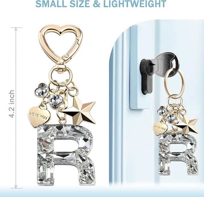Cute Bling Keychain initial Letter Butterfly Star Pink Purple Gift for Women Girls Bag Cup Charms Accessories