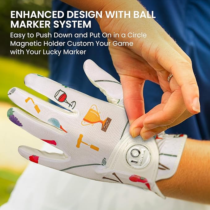 FINGER TEN Stylish Golf Gloves Women with Ball Marker 1 Pack for Left or Right Hand, Breathable Glove with Fashion Patterns for Ladies Right Left Handed Golfer