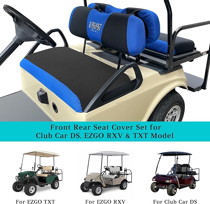 10L0L Golf Cart Front Rear Seat Cover Set for EZGO TXT RXV & Club Car DS 2000-up(Flat Backrest), Made w/ 3D Air Mesh Polyester Fabric Breathable Washable