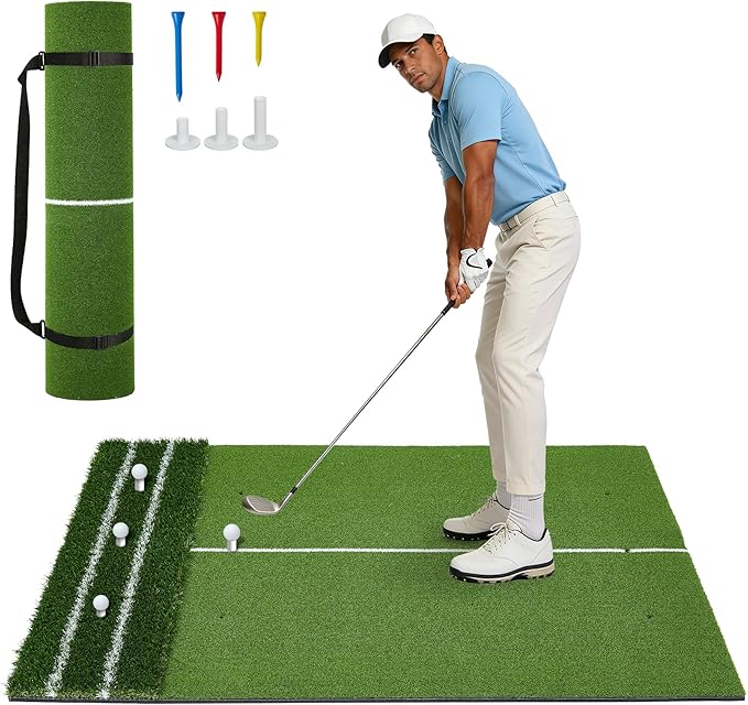 Dual Turf Golf Mat 5 * 4FT,Golf Hitting Mats Practice Outdoor/Indoor for Training Chipping Driving Swing,High-Density Artificial Turf Matt with Alignment Line for Men Dad Golfer