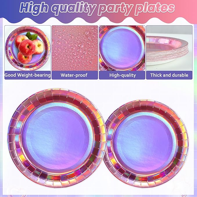 96Pcs Iridescent Pink Party Decorations Iridescent Theme Tableware Set Hot Pink Holographic Paper Plates Napkins Fork for Birthday Dinnerware Girls Women Mermaid Disco Shiny Laser Supplies 24 Guests
