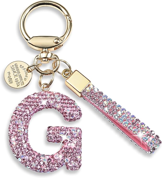 Pink Blue White Initial Letter Keychain Gift for Women Girls Bling Sparkly Cute Backpack Car Key Accessories Lanyard