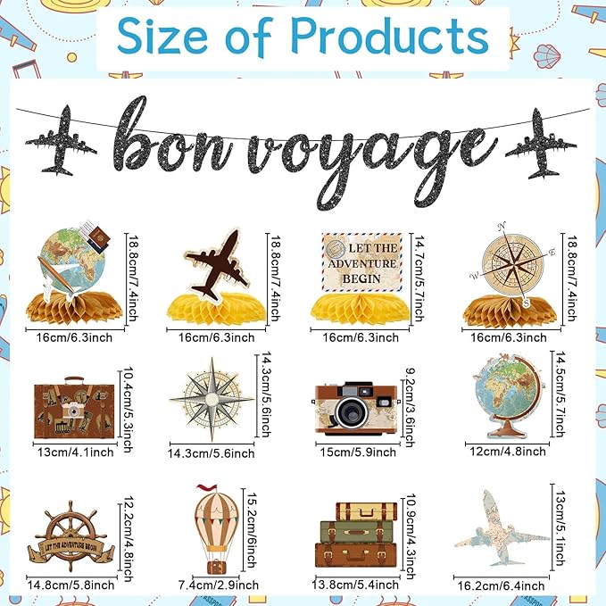 Bon Voyage Party Decorations - 13PCS Travel Themed Party Decorations Glitter Bon Voyage Banner Hanging Swirls Let the Adventure Begin Honeycomb Centerpieces Decor Going Away Party Supplies