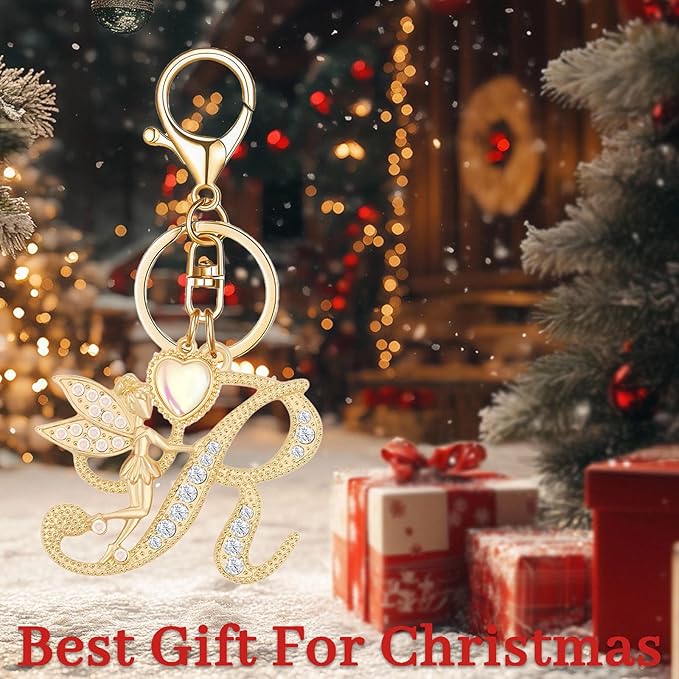 Gold Plated Alphabet Initial Letter Keyring Keychain for Women Girls Crystal Key Chains for Wallet Backpack Bag Charm
